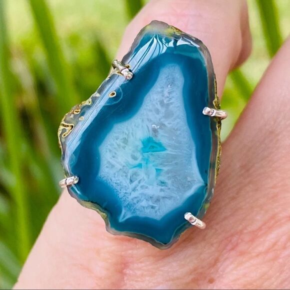 Marine Blue Agate Geode Sterling Silver Ring Size 6 - Picture 3 of 12